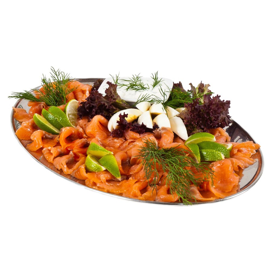 1 kg obložená mísa - uzený norský losos s vařenými vejci, limetkami a koprovou zakysankou 0,2 l