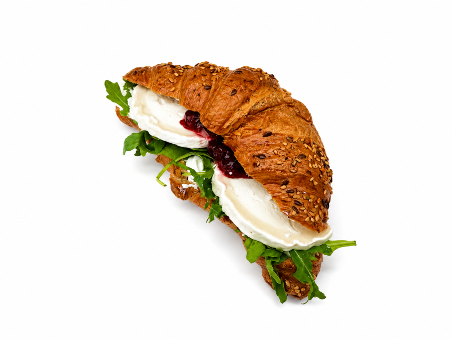 Croissant s kozím sýrem, brusinkami a rukolou