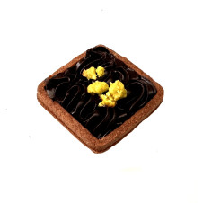 Mini tmavý košíček tartallette s belgickou hořkou čokoládou, citrónovým džemem a pistáciovým crumble