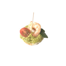 Bezlepková chlebová kanapka luxus s marinovanou tygří krevetou, avokádovým guacamole a cherry rajčátkem